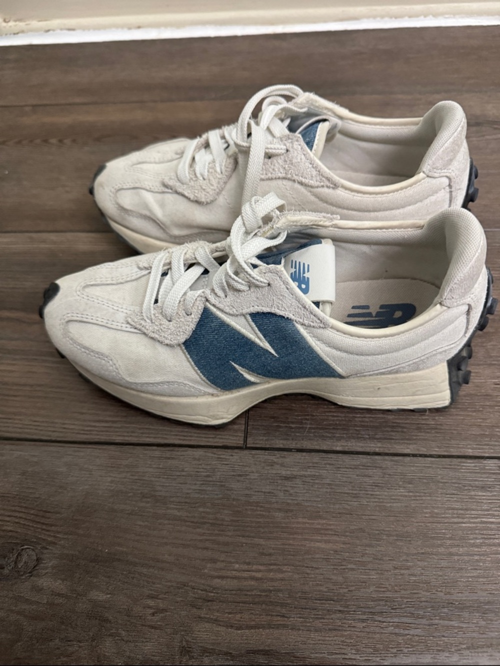 New Balance Cream Suede Sneakers with Blue 'N' Accent